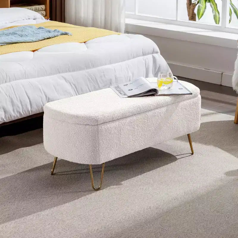 Storage Bench Ottoman, Faux Velvet Upholstered with Safety Hinge & Metal Feet, for Bedroom, Entryway, Living Room, Ivory