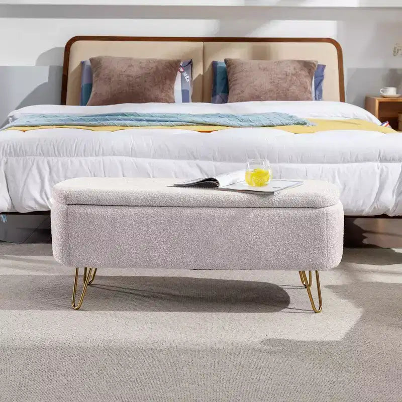 Storage Bench Ottoman, Faux Velvet Upholstered with Safety Hinge & Metal Feet, for Bedroom, Entryway, Living Room, Ivory