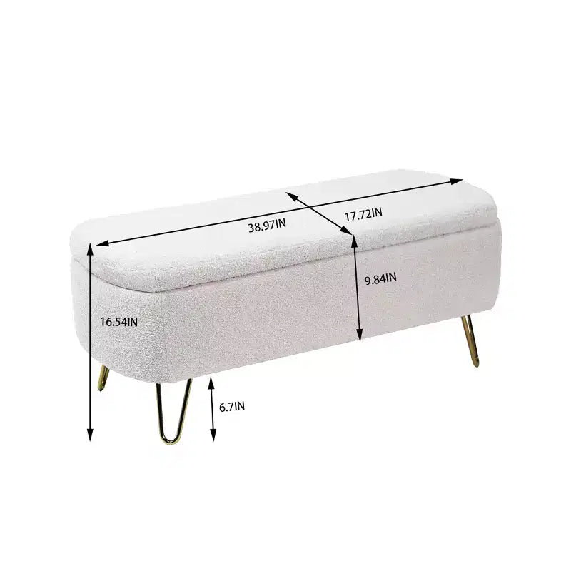 Storage Bench Ottoman, Faux Velvet Upholstered with Safety Hinge & Metal Feet, for Bedroom, Entryway, Living Room, Ivory