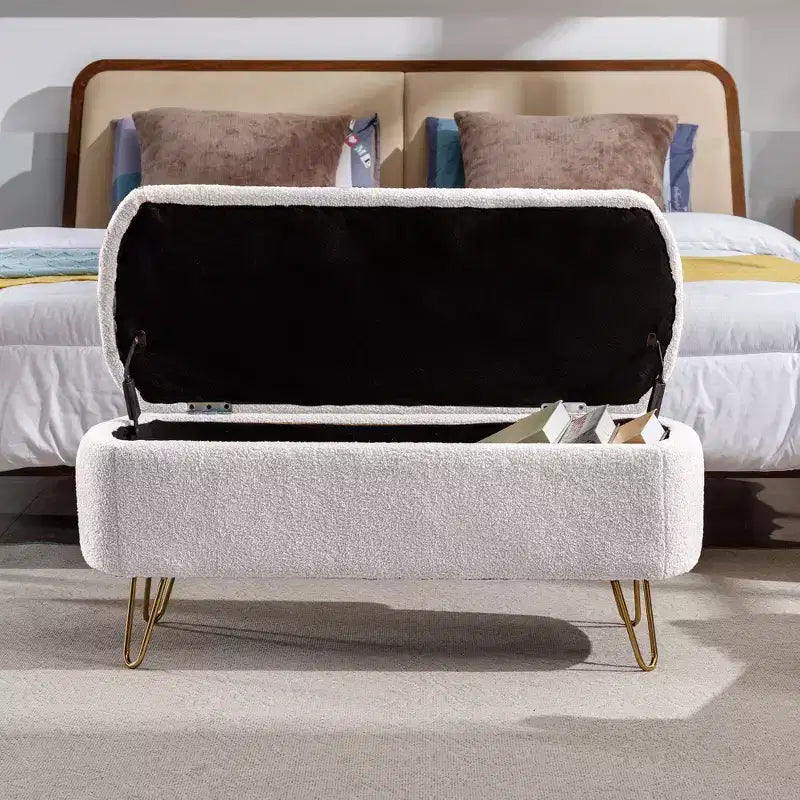 Storage Bench Ottoman, Faux Velvet Upholstered with Safety Hinge & Metal Feet, for Bedroom, Entryway, Living Room, Ivory