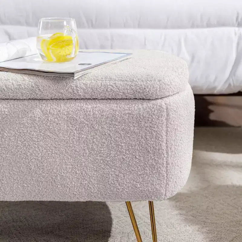 Storage Bench Ottoman, Faux Velvet Upholstered with Safety Hinge & Metal Feet, for Bedroom, Entryway, Living Room, Ivory