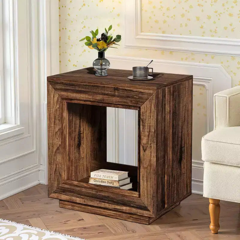 TUYOHW Rustic Walnut Finish Wood End Table,Heavy-Duty Nightstand with Ample Storage,Bedroom & Living Room Side Table