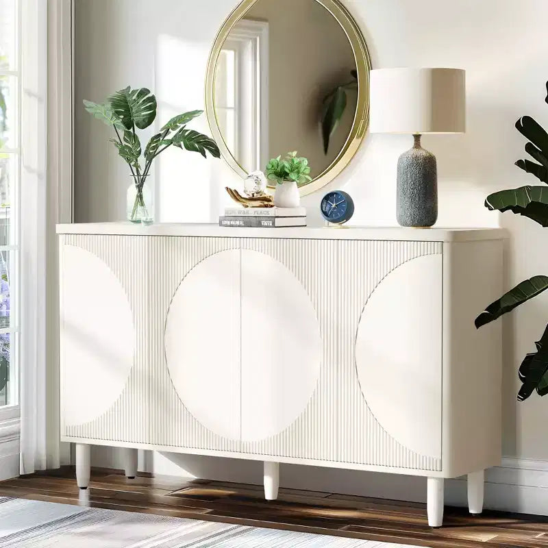 TUYOHW Modern White Sideboard Buffet Cabinet,Semicircle Design 4-Tier Storage with Anti-Tip Device for Living Room & Kitchen