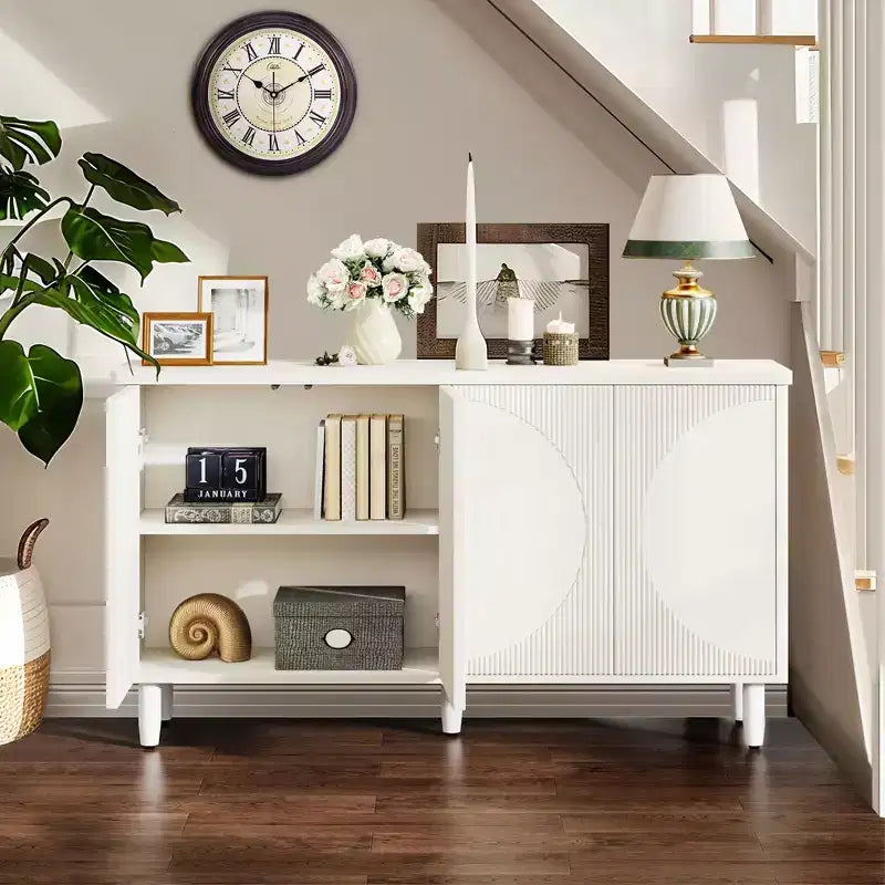 TUYOHW Modern White Sideboard Buffet Cabinet,Semicircle Design 4-Tier Storage with Anti-Tip Device for Living Room & Kitchen
