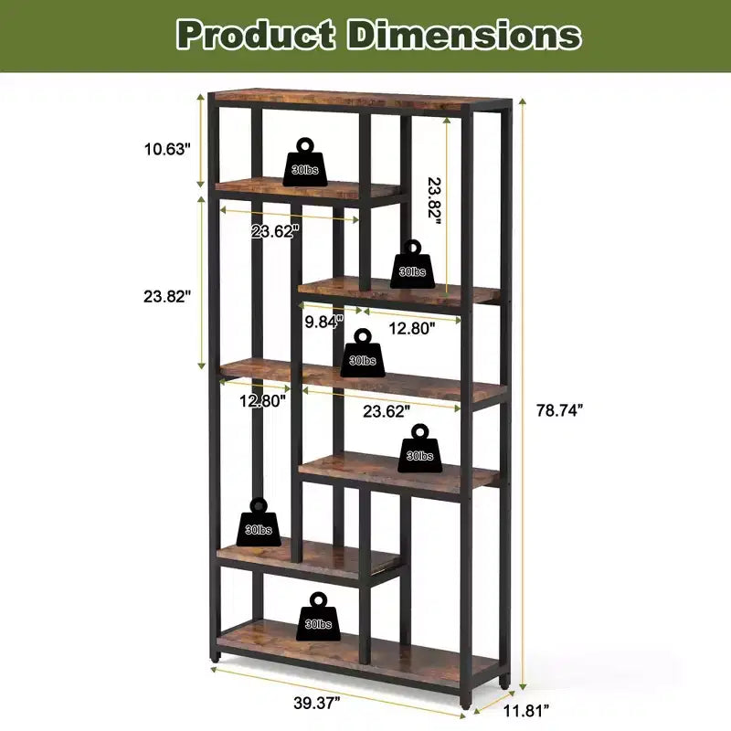 TUYOHW 79 Tall 7-Tier Bookcase,Large Open Shelf Display Unit with 10 Compartments - Modern Floor Standing Bookshelf for Living Room,Office,Brown