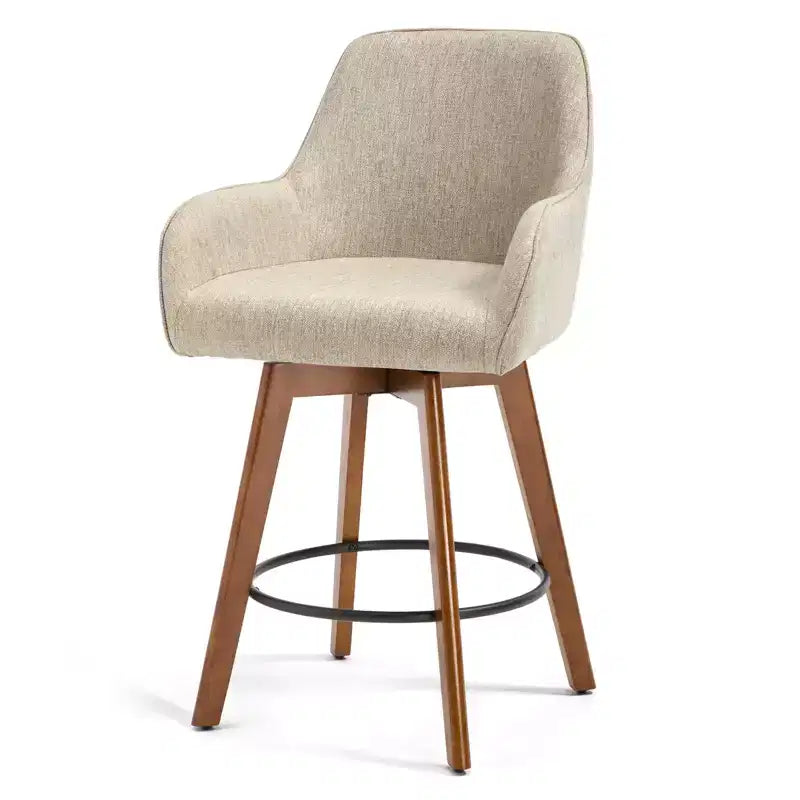 Bekrvio 25 Swivel Counter Stool Set of 1, 4.33 Upholstered Linen Seat with Back, Arms, Rubberwood Frame, Mid-Century Modern barstool, Sand