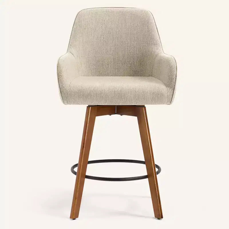Bekrvio 25 Swivel Counter Stool Set of 1, 4.33 Upholstered Linen Seat with Back, Arms, Rubberwood Frame, Mid-Century Modern barstool, Sand