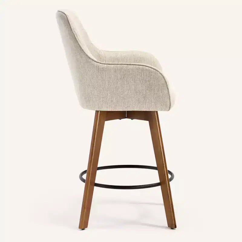Bekrvio 25 Swivel Counter Stool Set of 1, 4.33 Upholstered Linen Seat with Back, Arms, Rubberwood Frame, Mid-Century Modern barstool, Sand