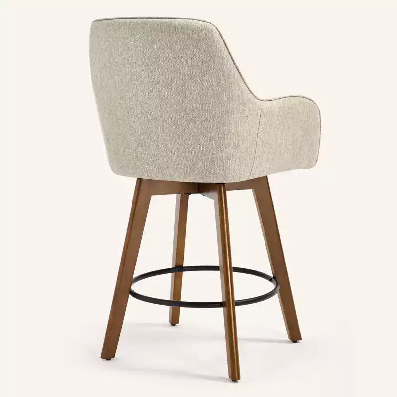 Bekrvio 25 Swivel Counter Stool Set of 1, 4.33 Upholstered Linen Seat with Back, Arms, Rubberwood Frame, Mid-Century Modern barstool, Sand