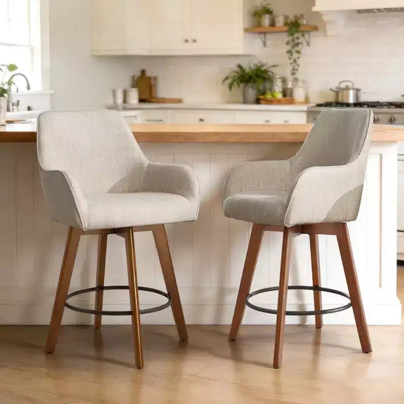 Bekrvio 25 Swivel Counter Stool Set of 1, 4.33 Upholstered Linen Seat with Back, Arms, Rubberwood Frame, Mid-Century Modern barstool, Sand