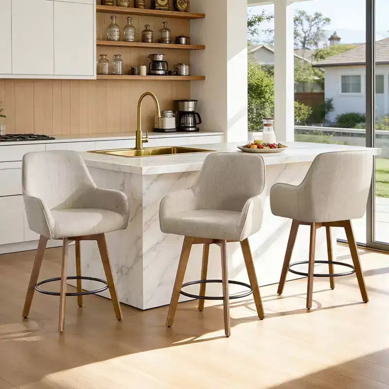Bekrvio 25 Swivel Counter Stool Set of 1, 4.33 Upholstered Linen Seat with Back, Arms, Rubberwood Frame, Mid-Century Modern barstool, Sand