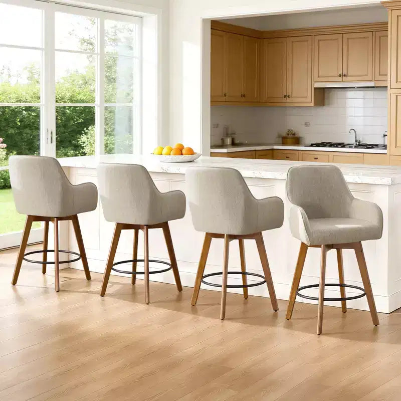 Bekrvio 25 Swivel Counter Stool Set of 1, 4.33 Upholstered Linen Seat with Back, Arms, Rubberwood Frame, Mid-Century Modern barstool, Sand