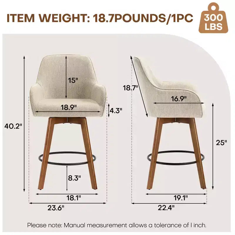 Bekrvio 25 Swivel Counter Stool Set of 1, 4.33 Upholstered Linen Seat with Back, Arms, Rubberwood Frame, Mid-Century Modern barstool, Sand