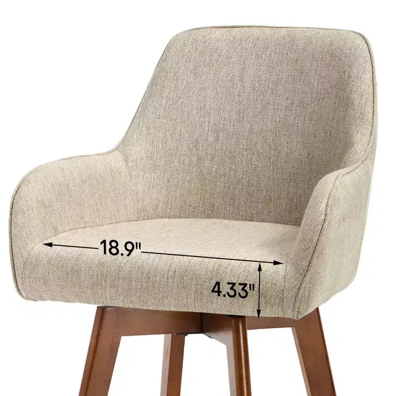 Bekrvio 25 Swivel Counter Stool Set of 1, 4.33 Upholstered Linen Seat with Back, Arms, Rubberwood Frame, Mid-Century Modern barstool, Sand