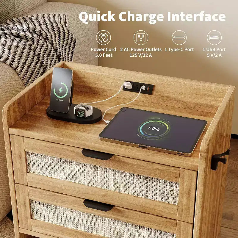 Acekool Rattan Nightstand, Farmhouse Bedside Table with Drawers and Storage Shelf, Wood End Table