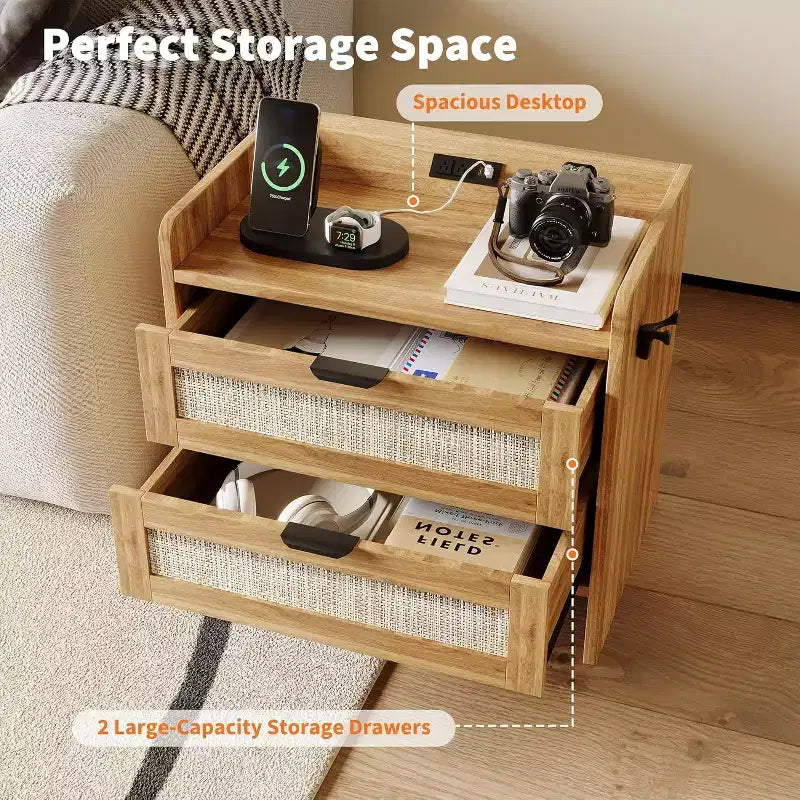 Acekool Rattan Nightstand, Farmhouse Bedside Table with Drawers and Storage Shelf, Wood End Table