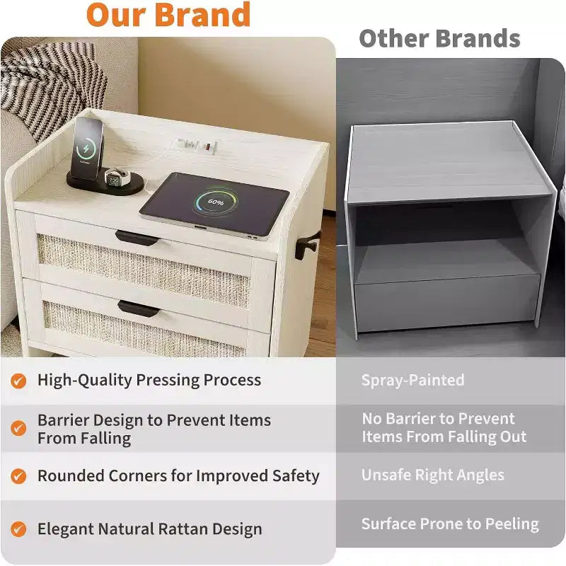Acekool Rattan Nightstand, Farmhouse Bedside Table with Drawers and Storage Shelf, Wood End Table