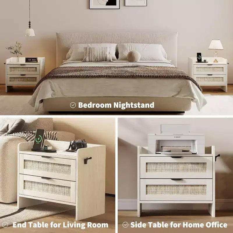 Acekool Rattan Nightstand, Farmhouse Bedside Table with Drawers and Storage Shelf, Wood End Table