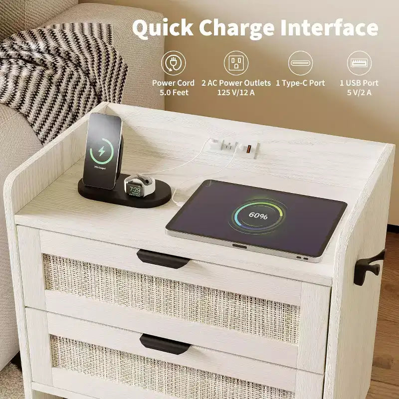 Acekool Rattan Nightstand, Farmhouse Bedside Table with Drawers and Storage Shelf, Wood End Table