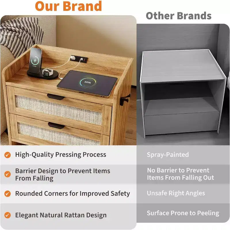 Acekool Rattan Nightstand, Farmhouse Bedside Table with Drawers and Storage Shelf, Wood End Table