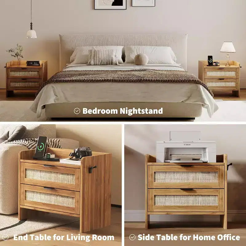 Acekool Rattan Nightstand, Farmhouse Bedside Table with Drawers and Storage Shelf, Wood End Table