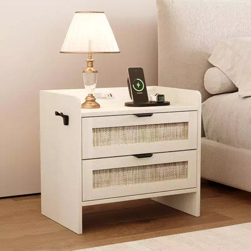 Acekool Rattan Nightstand, Farmhouse Bedside Table with Drawers and Storage Shelf, Wood End Table