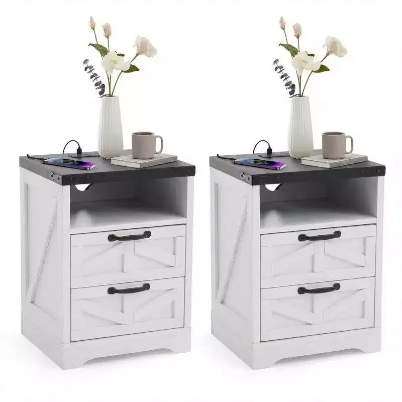 Acekool Farmhouse Nightstand with Charging Station, 2 Drawer Rustic End Table with USB Ports and Outlets, Industrial Bedside Table