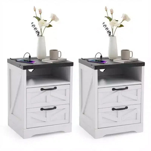 Acekool Farmhouse Nightstand with Charging Station, 2 Drawer Rustic End Table with USB Ports and Outlets, Industrial Bedside Table