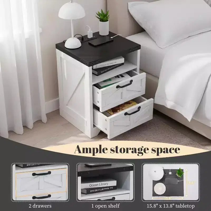 Acekool Farmhouse Nightstand with Charging Station, 2 Drawer Rustic End Table with USB Ports and Outlets, Industrial Bedside Table