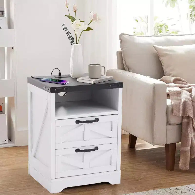 Acekool Farmhouse Nightstand with Charging Station, 2 Drawer Rustic End Table with USB Ports and Outlets, Industrial Bedside Table
