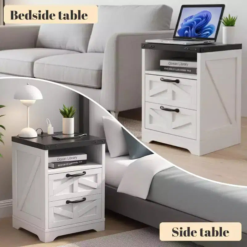 Acekool Farmhouse Nightstand with Charging Station, 2 Drawer Rustic End Table with USB Ports and Outlets, Industrial Bedside Table