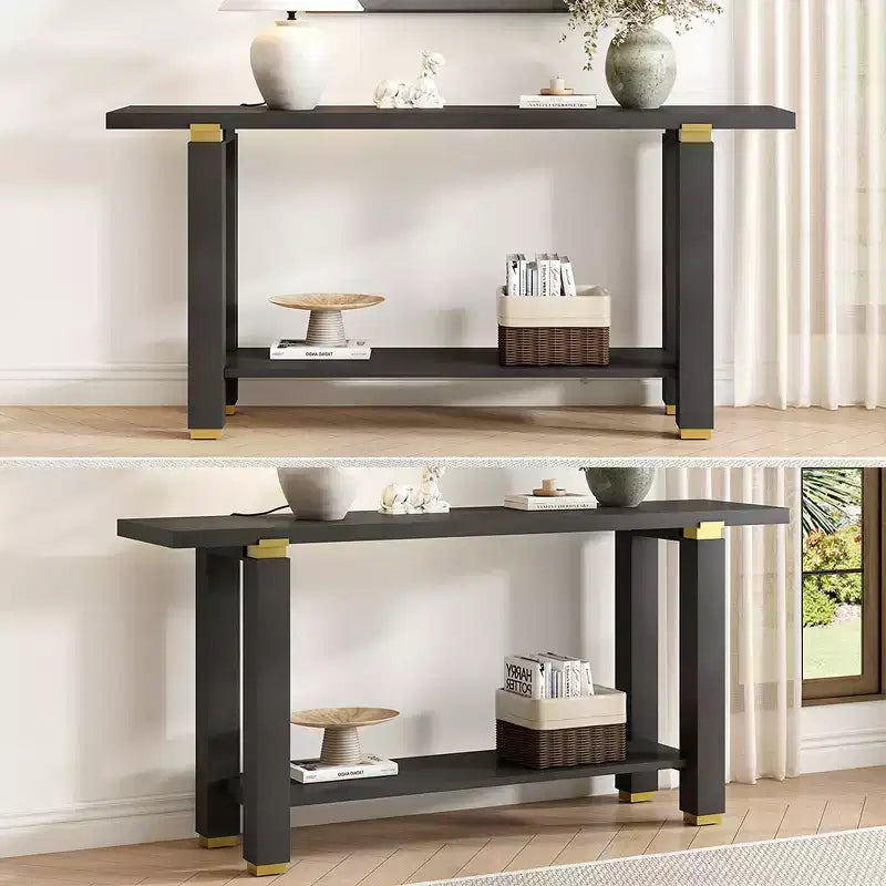 Console Table 62.9, Modern Minimalist, Solid Wood Entryway/Sofa Table with Metal Accents & Shelves for Living Room Hallway