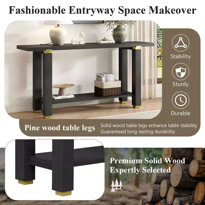 Console Table 62.9, Modern Minimalist, Solid Wood Entryway/Sofa Table with Metal Accents & Shelves for Living Room Hallway
