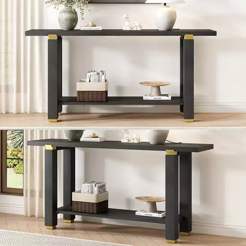 Console Table 62.9, Modern Minimalist, Solid Wood Entryway/Sofa Table with Metal Accents & Shelves for Living Room Hallway