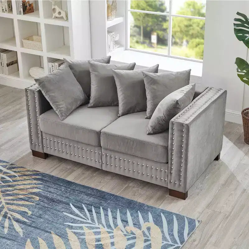 MAYEERTY 60.5 Modern Loveseater Sofa with Silver Nails Square Armrest Upholstered Velvet for Living Room Gray