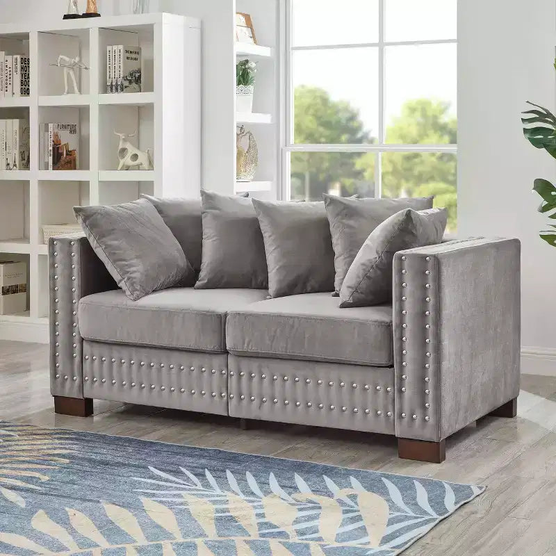 MAYEERTY 60.5 Modern Loveseater Sofa with Silver Nails Square Armrest Upholstered Velvet for Living Room Gray
