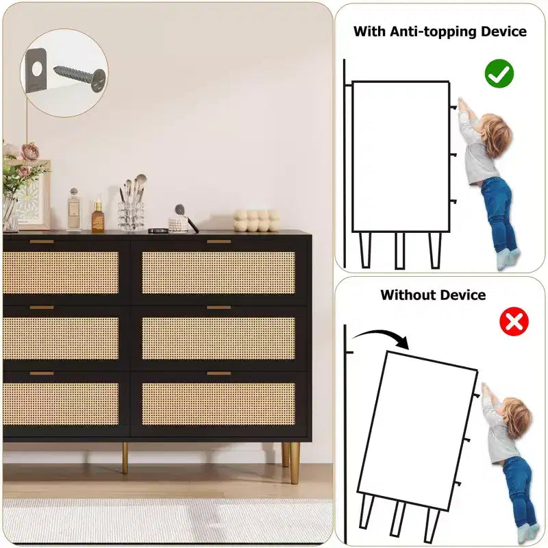 Natural Rattan 6 Drawer Dresser for Bedroom,Chest of Drawers with Gold Legs and Gold Handles,Wide Double Dresser with Large Tabletop and Anti-Tipping