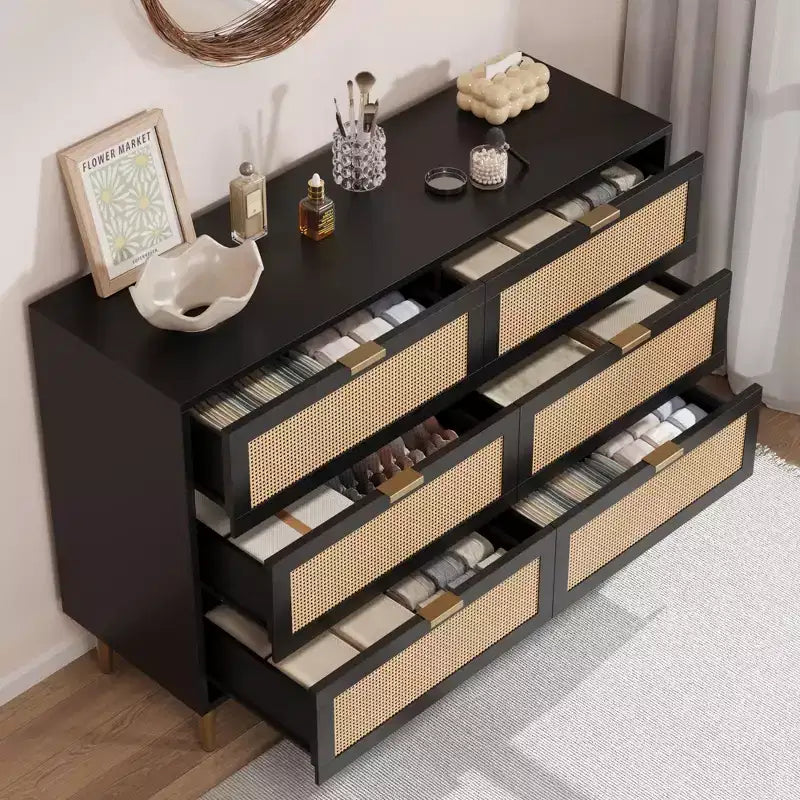 Natural Rattan 6 Drawer Dresser for Bedroom,Chest of Drawers with Gold Legs and Gold Handles,Wide Double Dresser with Large Tabletop and Anti-Tipping