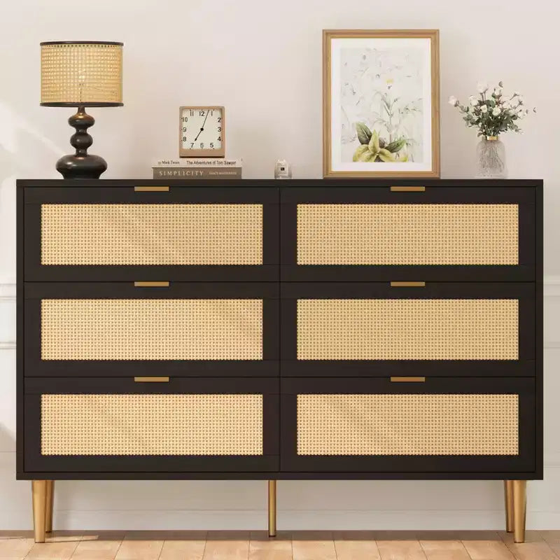 Natural Rattan 6 Drawer Dresser for Bedroom,Chest of Drawers with Gold Legs and Gold Handles,Wide Double Dresser with Large Tabletop and Anti-Tipping