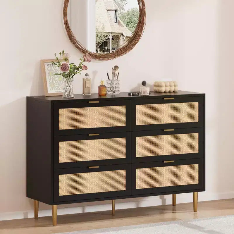 Natural Rattan 6 Drawer Dresser for Bedroom,Chest of Drawers with Gold Legs and Gold Handles,Wide Double Dresser with Large Tabletop and Anti-Tipping