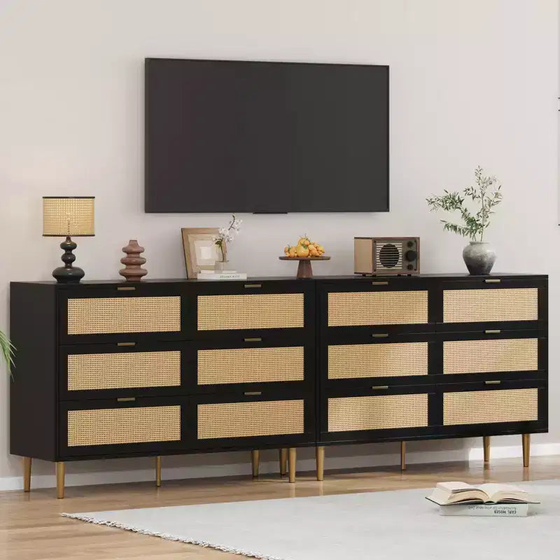 Natural Rattan 6 Drawer Dresser for Bedroom,Chest of Drawers with Gold Legs and Gold Handles,Wide Double Dresser with Large Tabletop and Anti-Tipping