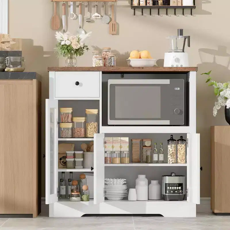 Storage Cabinet with Adjustable Shelves & Microwave Stand, Buffet Sideboard with Drawer, Single and Double Doors for Kitchen, Dining Room