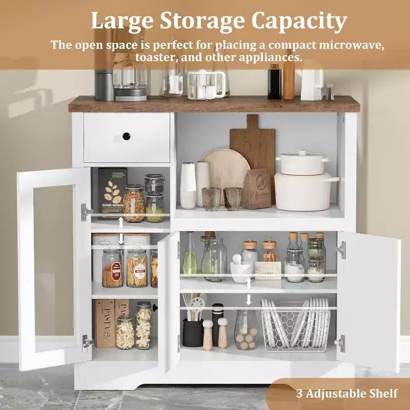 Storage Cabinet with Adjustable Shelves & Microwave Stand, Buffet Sideboard with Drawer, Single and Double Doors for Kitchen, Dining Room