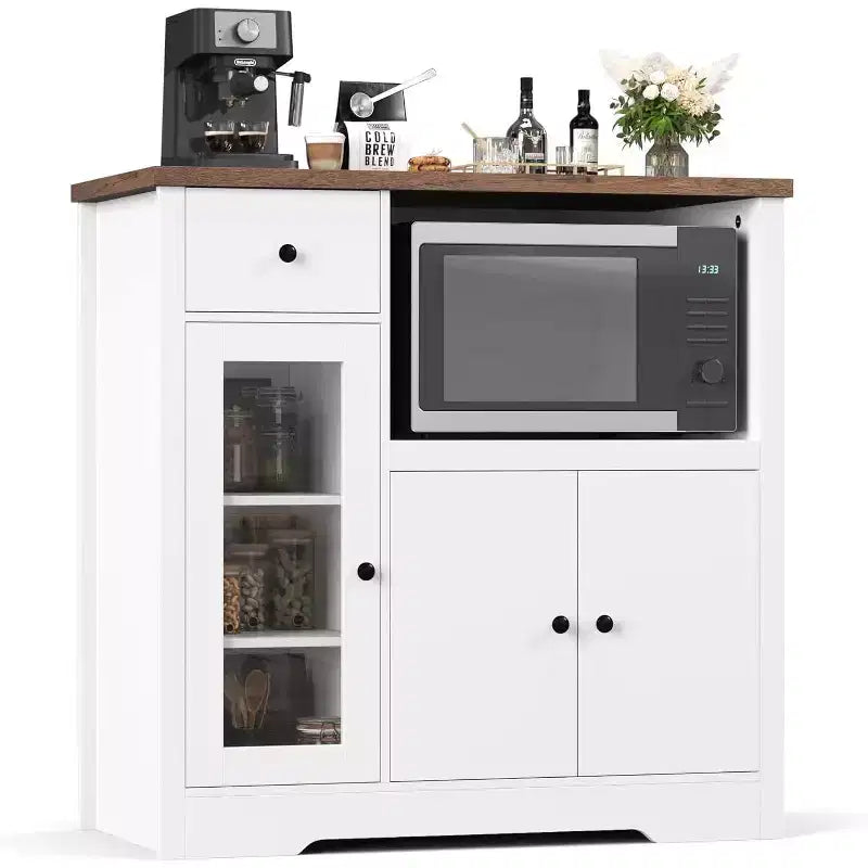 Meuble de rangement avec étagères réglables et support pour micro-ondes, buffet de cuisine avec tiroir, portes simples et doubles pour cuisine, salle à manger