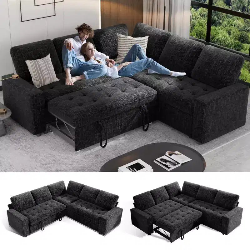 Dyonery 5 Seat L Shaped Modular Sectional Sleeper Sofa Bed with Pull Out Bed/USB Ports/Adjustable Backrest/Storage, Tool-Free Assembly