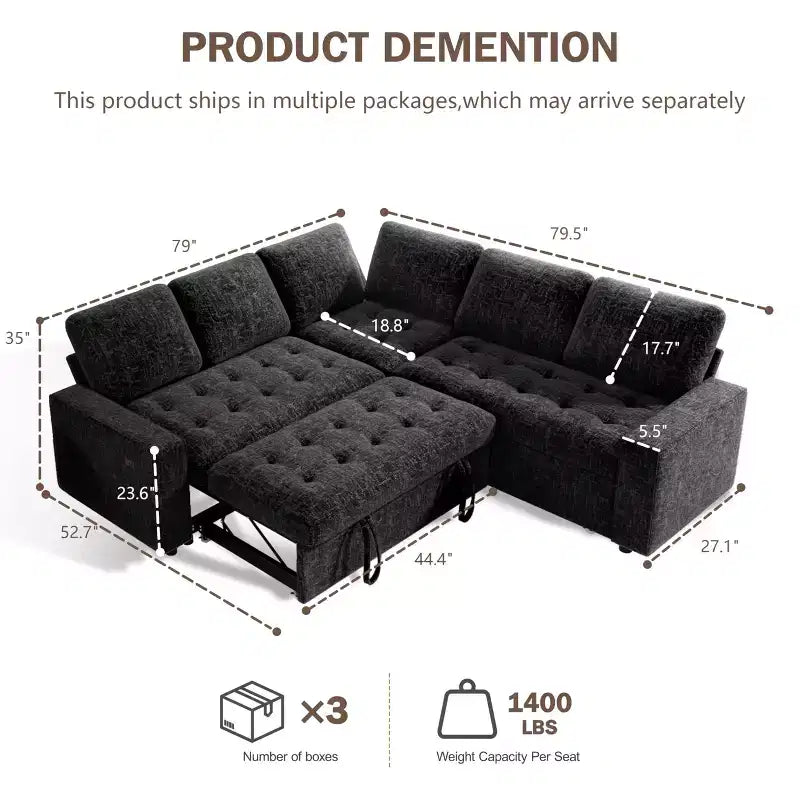 Dyonery 5 Seat L Shaped Modular Sectional Sleeper Sofa Bed with Pull Out Bed/USB Ports/Adjustable Backrest/Storage, Tool-Free Assembly