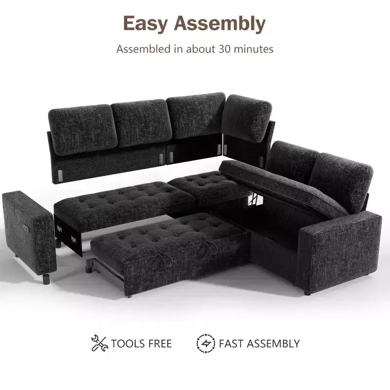 Dyonery 5 Seat L Shaped Modular Sectional Sleeper Sofa Bed with Pull Out Bed/USB Ports/Adjustable Backrest/Storage, Tool-Free Assembly