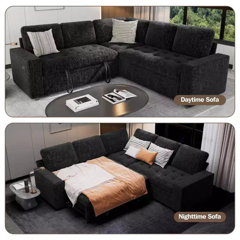 Dyonery 5 Seat L Shaped Modular Sectional Sleeper Sofa Bed with Pull Out Bed/USB Ports/Adjustable Backrest/Storage, Tool-Free Assembly