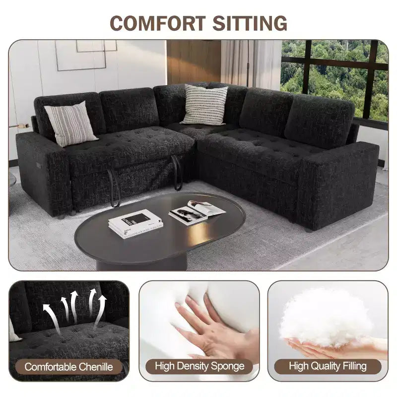 Dyonery 5 Seat L Shaped Modular Sectional Sleeper Sofa Bed with Pull Out Bed/USB Ports/Adjustable Backrest/Storage, Tool-Free Assembly