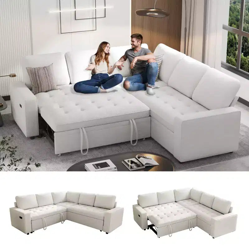 Dyonery 5 Seat L Shaped Modular Sectional Sleeper Sofa Bed with Pull Out Bed/USB Ports/Adjustable Backrest/Storage, Tool-Free Assembly